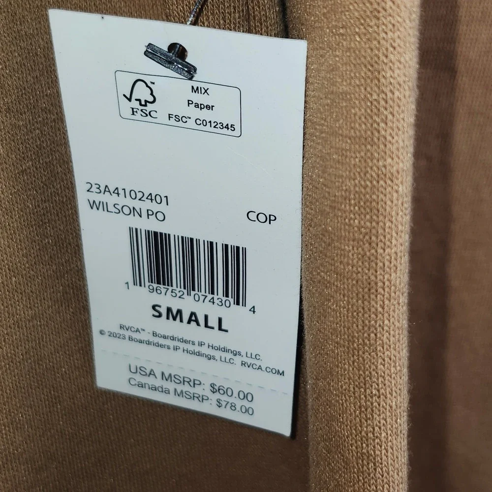 RVCA Wilson PULLOVER Hoodie Sweatshirt Tan‎ Brown Embroidered VA Logo Mens Small